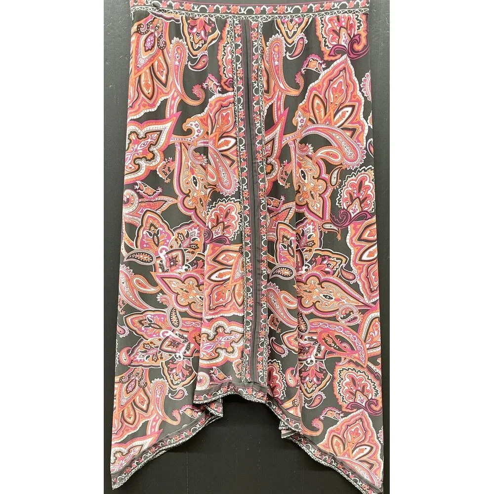 INC Skirt PS Pink Paisley Gray Coral Midi Rhinestone Sharkbite‎ Hem Stretch Boho